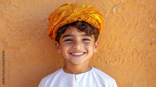 Boy in traditional headwear, smiling