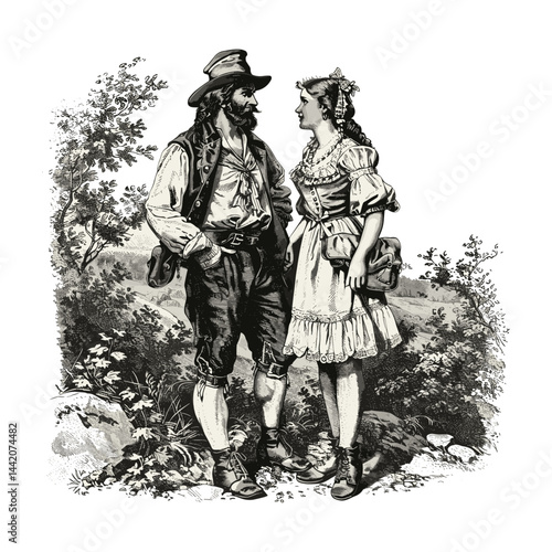 Vintage engraving style, traditional German couple, Bavarian clothing, black sketch drawing, old-style Bavarian fashion, Oktoberfest dress, hand-drawn rustic art, antique illustration