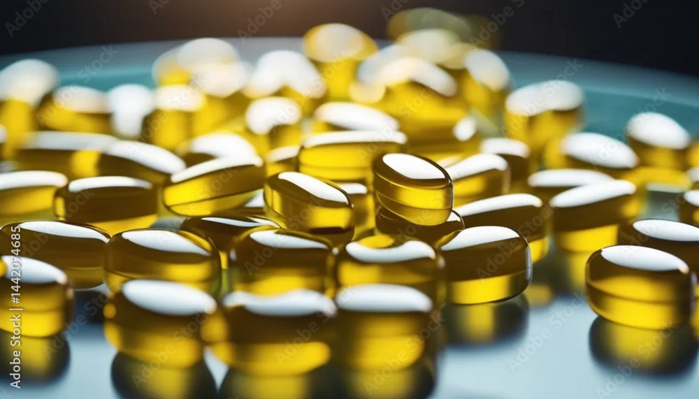 Yellow capsules with vitamins. Close up.