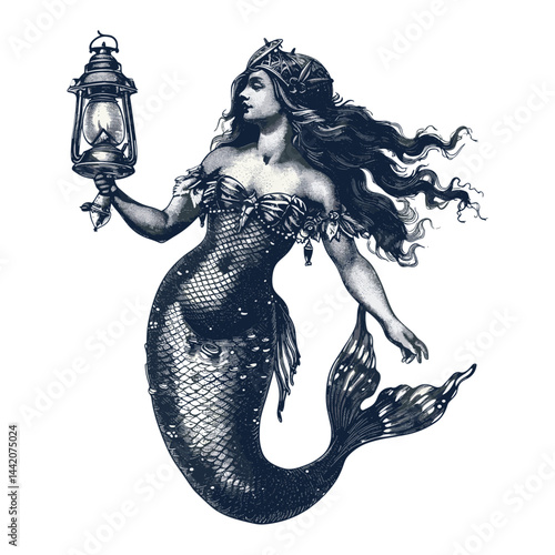 Monochrome vintage mermaid, small ship woodcut, black engraving sketch, trendy old style vector, fantasy nautical mythology, sea folklore scene, ocean art illustration,