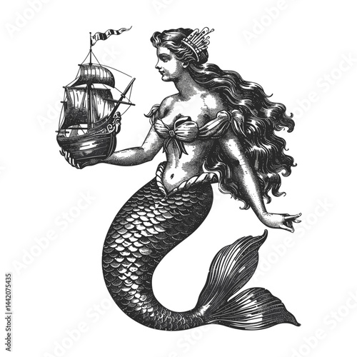 Woodcut black mermaid sketch, vintage engraving, small ship held in hands, monochrome illustration, trendy nautical artwork, fantasy sea mythology, ocean folklore,