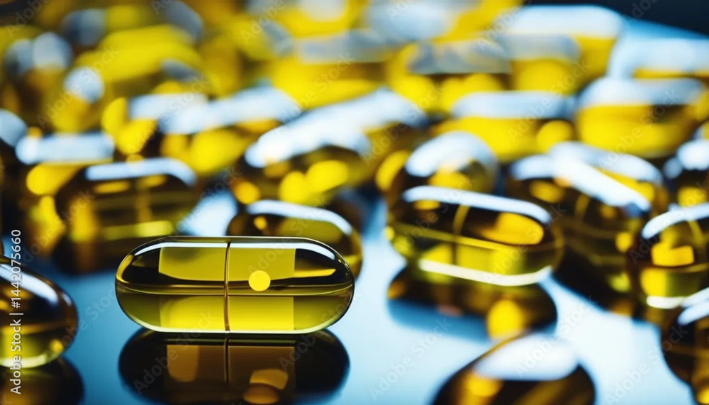 Yellow capsules with vitamins. Close up.