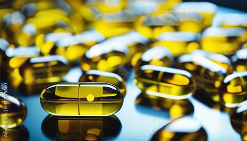 Yellow capsules with vitamins. Close up. 