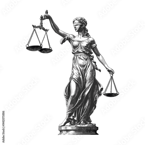 Goddess Justitia with scales, vintage black sketch, classic engraving style, isolated illustration, antique mythology art, old justice symbol, law icon, retro legal figure