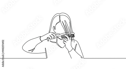 Hairdresser styling hair with scissors in minimalistic line art  