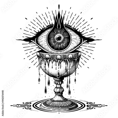 Tears from the eye drip into the bronze goblet, occult magical vector illustration, vintage black engraving, emblem, tattoo sketch, old engraving style, mystical art, esoteric symbol