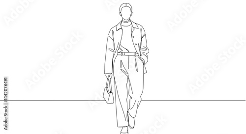 Fashionable person walking confidently in minimalist line art  