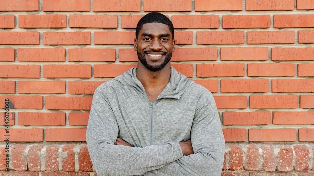 Obraz premium African American man in gray hoodie smiling against a brick wall. Casual African American man pose, arms crossed standing outdoor. Relaxed African American man wearing gray sport hoodie, smiling.