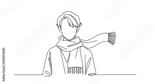 Outline illustration of a young man wearing a scarf  