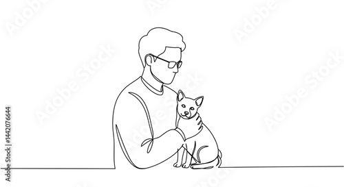 Man holding dog in minimalist line art against white background  