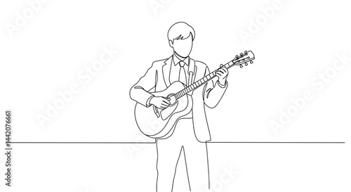 Young man plays guitar in a minimalist line drawing style  