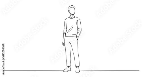Simple Line Drawing of a Man Standing Confidently Against White Background  