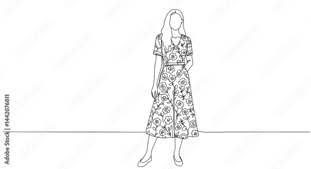 Woman in Floral Dress Standing Confidently Against Minimal Background