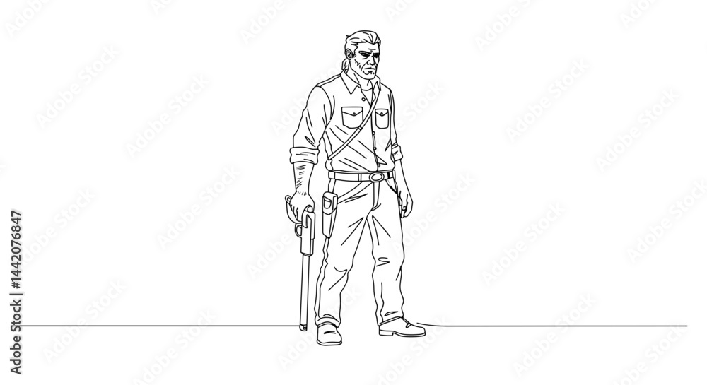 Sketch of a man standing with a gun in a minimalistic style
