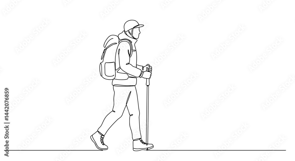 Hiking man with a backpack walking in a minimalist style