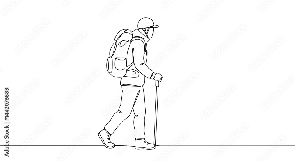 Hiking person with backpack walking in a minimalist style