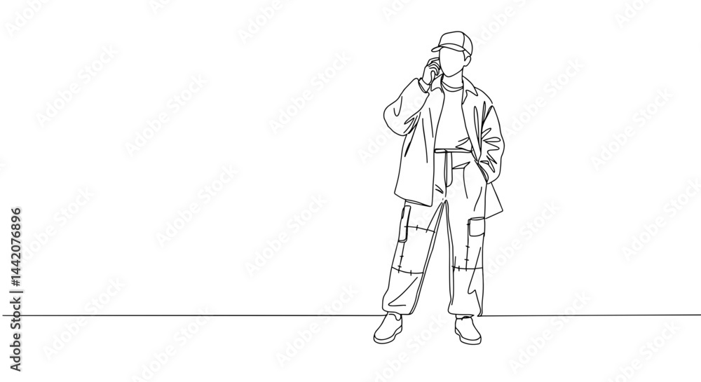 Man Thinking while Talking on Phone in Minimalist Line Art