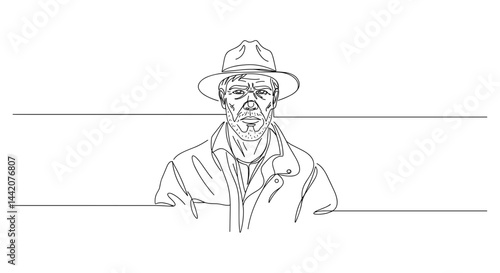 Line art of an elderly man wearing a hat and coat  