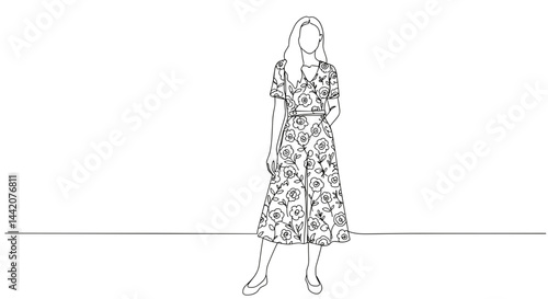 Obraz na płótnie Woman in Floral Dress Standing Confidently Against Minimal Background w salonie