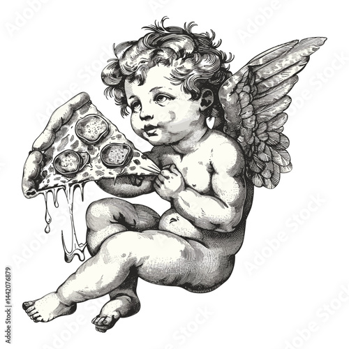 Angel baby Cupid pizza eater, vintage vector emblem, black sketch logo, pizzeria branding, old engraving art, trendy cherub drawing, hand drawn food logo, pizza slice vintage style