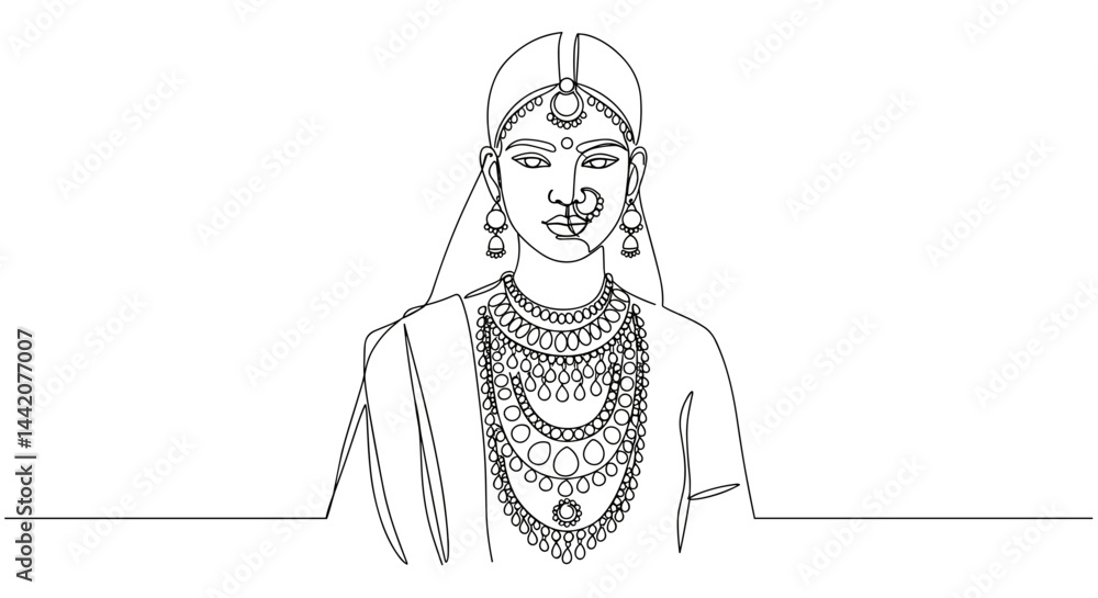 Elegant woman in traditional attire adorned with jewelry illustration