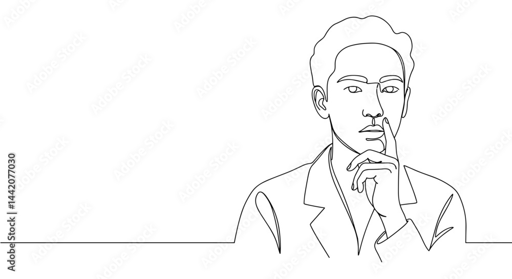 Thoughtful man signaling silence in minimalist line art