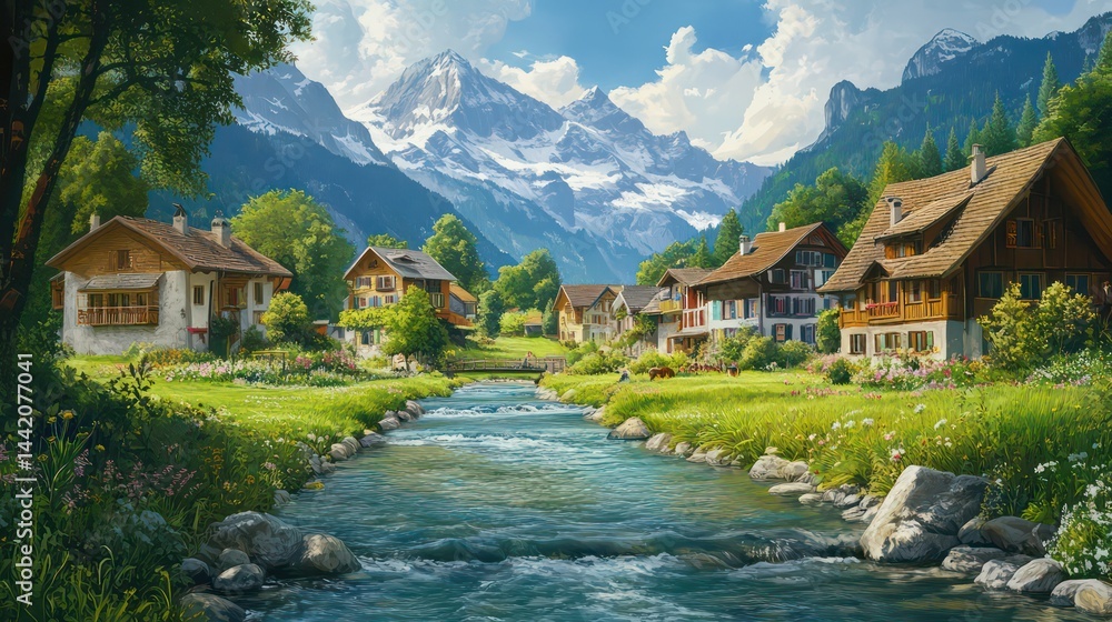 Fototapeta premium Alpine village nestled in scenic mountain valley by river
