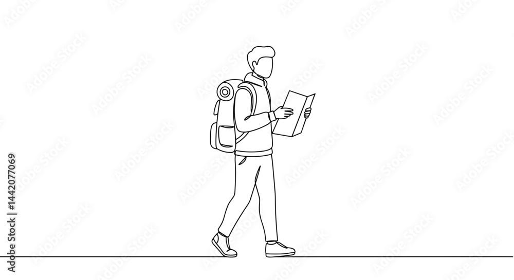 Backpacker exploring with a map against a minimalistic background Backpacker exploring with a map against a minimalistic background