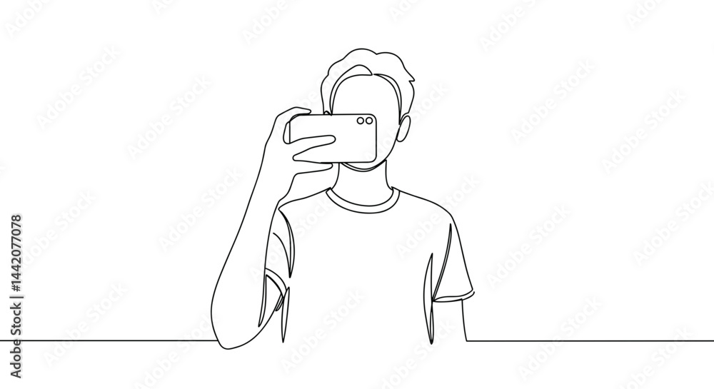 Line Art Person Taking a Selfie Against a Minimal Background