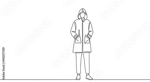 Line drawing of a person standing confidently in an outfit  