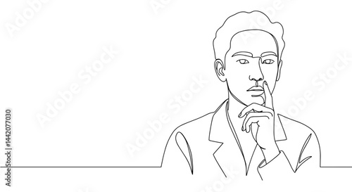 Obraz na płótnie Thoughtful man signaling silence in minimalist line art w salonie