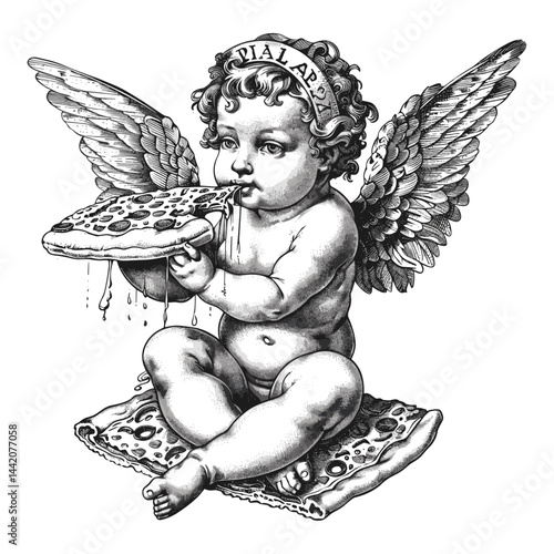 Vintage engraved pizzeria emblem, sweet angel baby Cupid with pizza, black sketch logo, old engraving style, trendy pizza badge, retro food illustration, authentic Italian pizza art