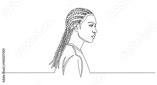 Young woman with braided hair in profile line art illustration  