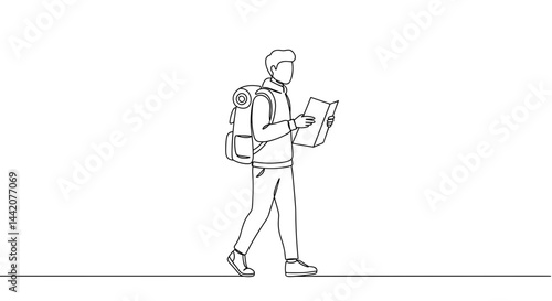 Backpacker exploring with a map against a minimalistic background  