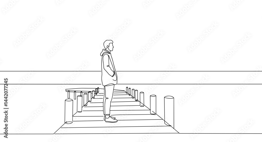 Person standing pensively on a pier against a minimalistic background