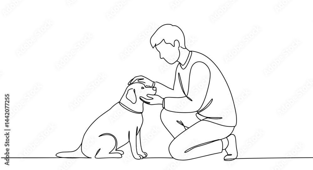 Person gently interacts with dog in a minimalist line drawing