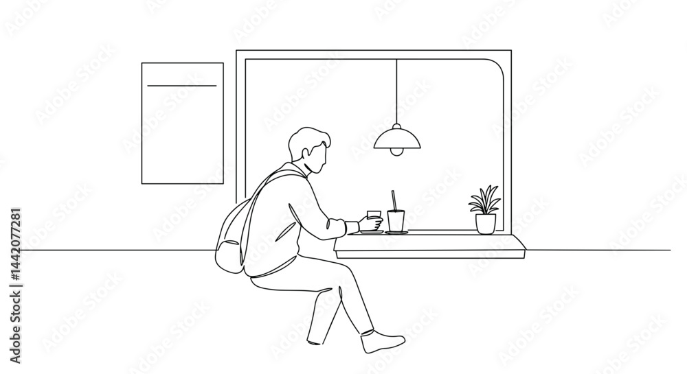 Minimalist illustration of a person enjoying beverages at a café
