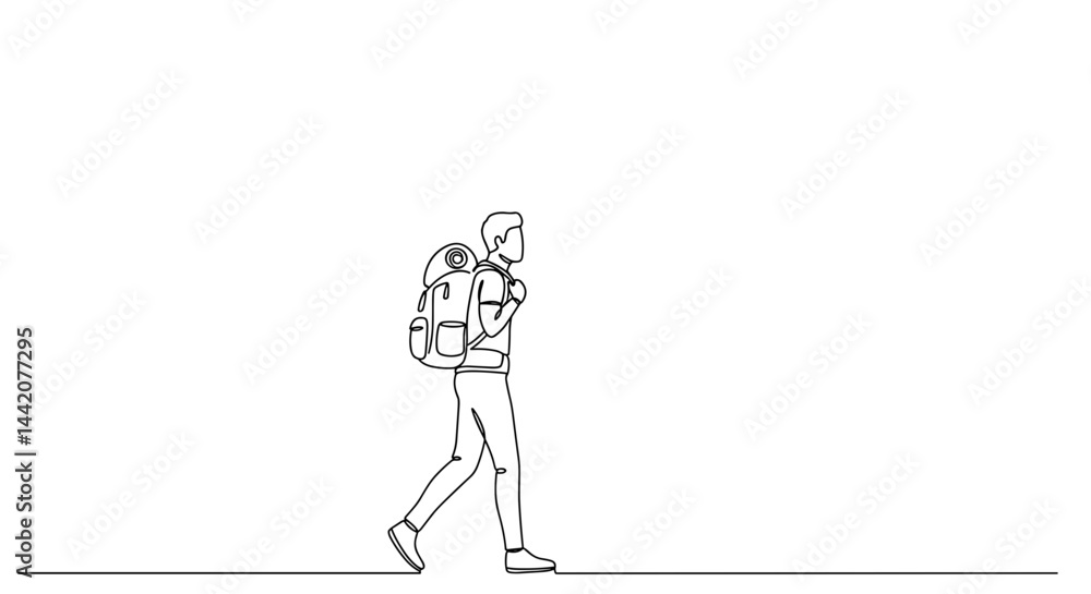 Person walking with a backpack against a simple white background