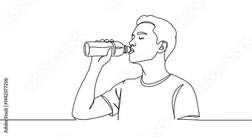 Man drinking water in minimalistic line art style  
