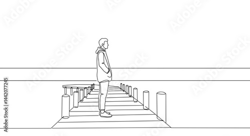Obraz na płótnie Person standing pensively on a pier against a minimalistic background w salonie