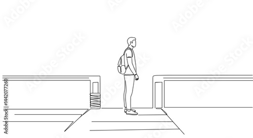 Person contemplating at a crossroads in minimalist line art  