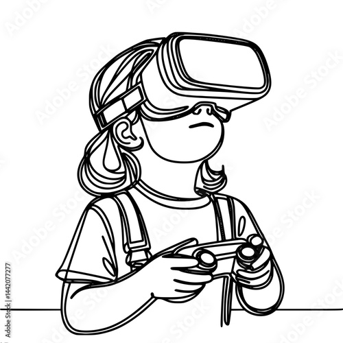 Child girl enjoying virtual reality game with headset in outline style, single line outline vector