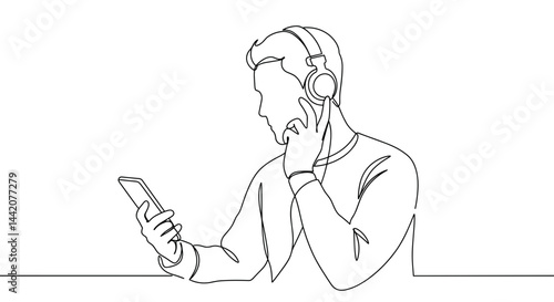Obraz na płótnie Young man listening to music with headphones while checking phone w salonie