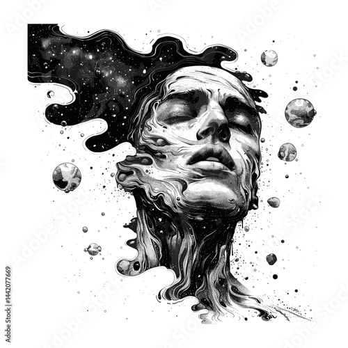 Vintage black sketch, surreal human head with floating cosmic elements, old engraving style, trendy surrealism art, cosmic ink art, celestial surreal drawing, antique head sketch