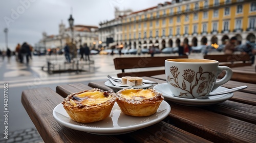 Another shot of pastel de nata in Lisbon, served with a warm cup of coffee at a local cafe, as the city bustles in the background, embodying the spirit of Portugal. 