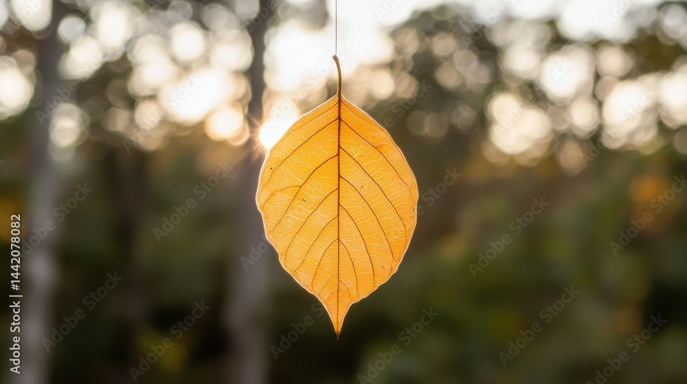 A single yellow leaf hangs from a string in a forest. A single yellow leaf hangs from a string in a forest.