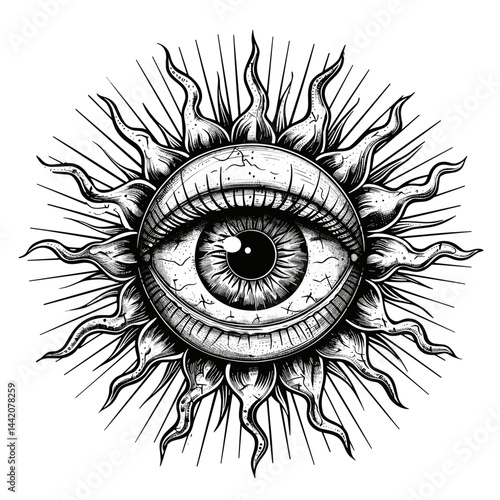Vintage black engraving, sun with an eye, occult magical vector illustration, all-seeing eye, tattoo sketch, emblem, old engraving style, trendy mystical design, sacred sun art