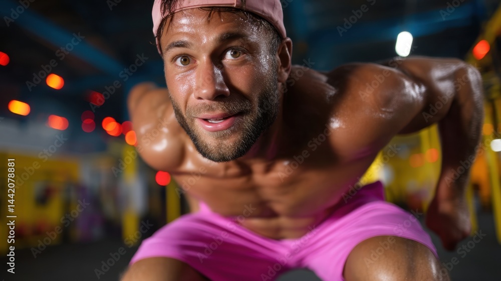 Close-up of a Fit Man Wearing a Pink Cap and Shorts, Sweating After Exercise in a Gym Close-up of a Fit Man Wearing a Pink Cap and Shorts, Sweating After Exercise in a Gym