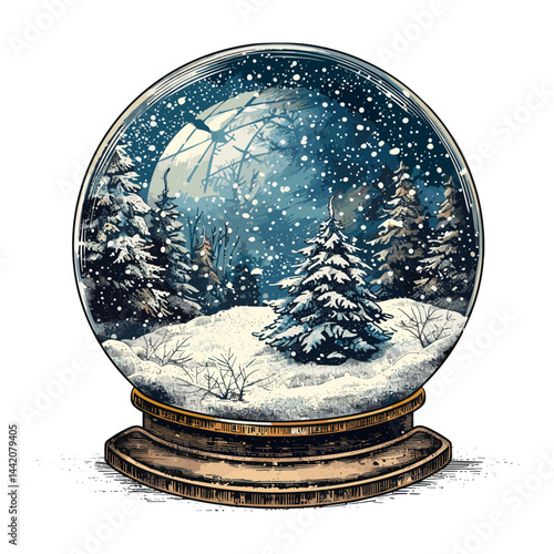 Snow globe vintage, retro hand drawn vector, old engraving style, black sketch, emblem print, trendy icon, blue background, winter scene art, festive snow globe,