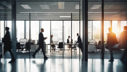 Blurred people walking in motion in modern office. 